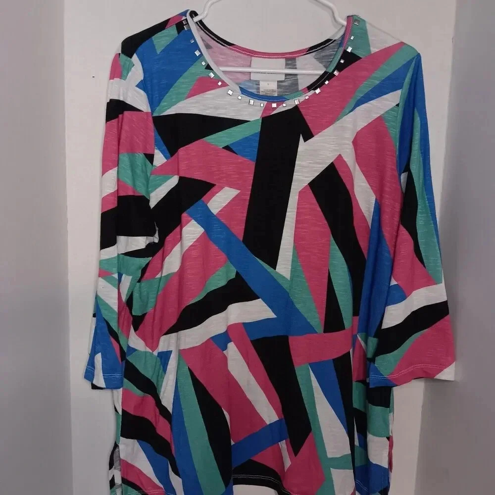 Alfred Dunner Women's Top Studded Geometric Print 3/4 Sleeve Size Large